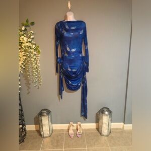 MICAS Blue Printed Long-Sleeve Draped Midi Dress